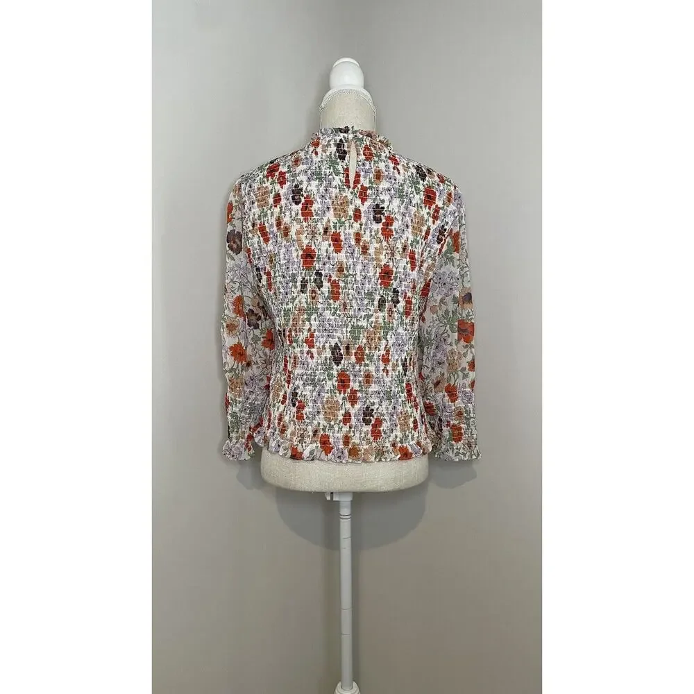 Veronica Beard Kali Top Multicolor Floral Print Smocked Spring Designer Size 10 - Picture 3 of 12